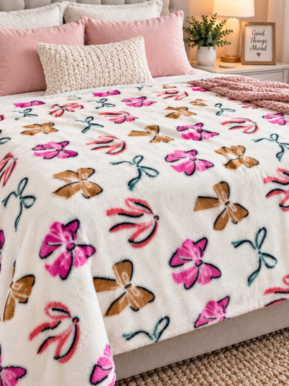 Cozy Plush Bow Print Fleece Blanket – Pink, Tan & Teal Ribbon Design
